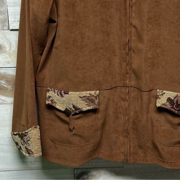 Susan Graver Floral Tapestry Jacket Medium Western Full Zip Fringe Brown - Picture 4 of 13